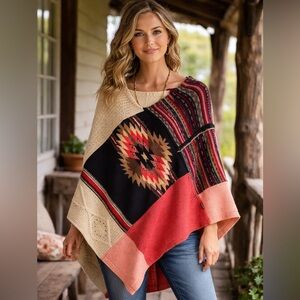 Honeybea Handmade One-of-a-Kind Patchwork Poncho | Canadian Made Boho Knit Wrap